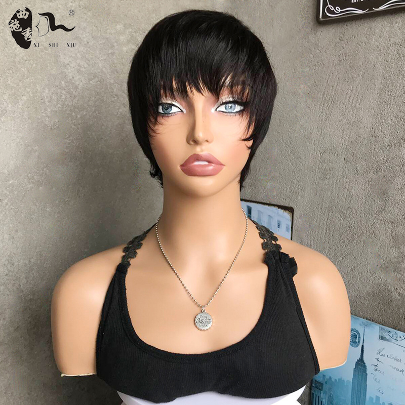 Short Pixie Cut Human Hair Wigs Black Color Wholesale Cheap Price Full Machine Straight Wig for Women 100% Remy Wig XISHIXIU