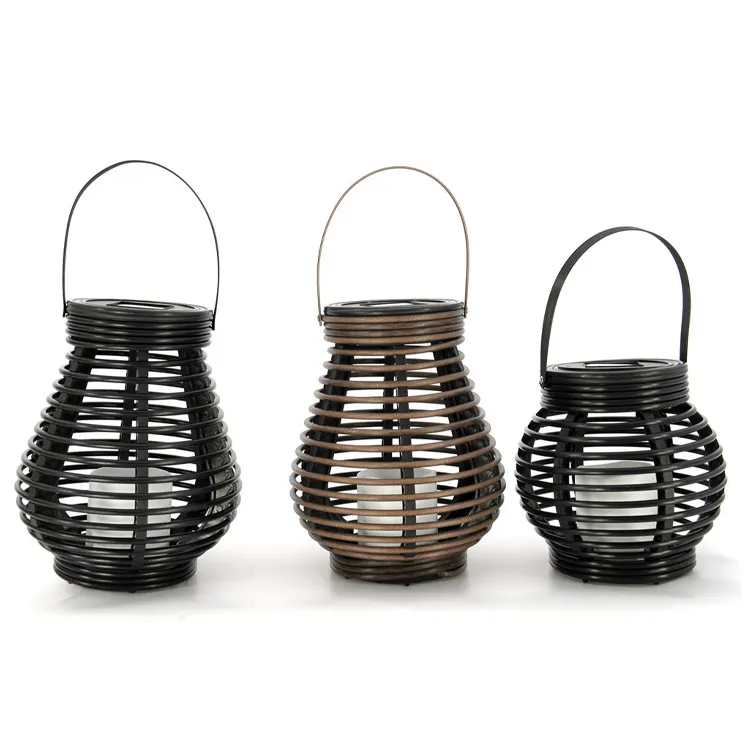 Wholesale outdoor bamboo rattan Lamp waterproof rechargeable with solar panels camping solar hanging lantern