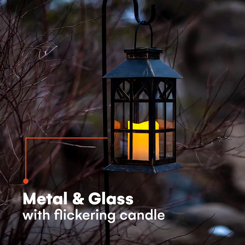 Outdoor Garden Lantern with Solar Candle Matte Black or Bronze Metal Waterproof Solar Flame Lanterns