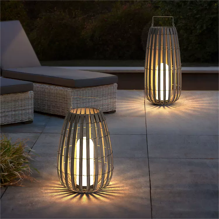 Ip65 Outdoor Decorative Rattan Lantern Lights Natural Bamboo Rattan Handwoven Solar Garden Landscape Lights