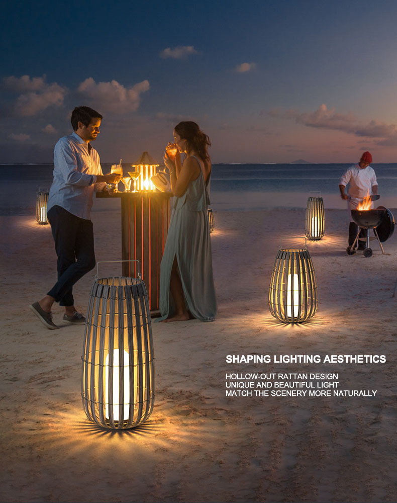 Ip65 Outdoor Decorative Rattan Lantern Lights Natural Bamboo Rattan Handwoven Solar Garden Landscape Lights