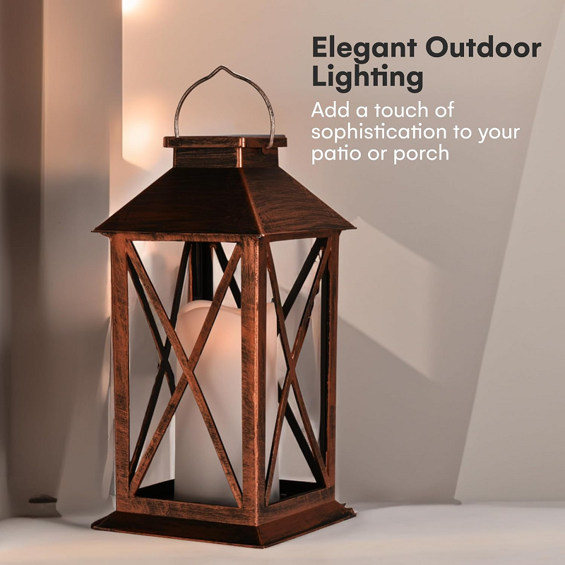 Outdoor Garden Lantern with Solar Candle Matte Black or Bronze Metal Waterproof Solar Flame Lanterns