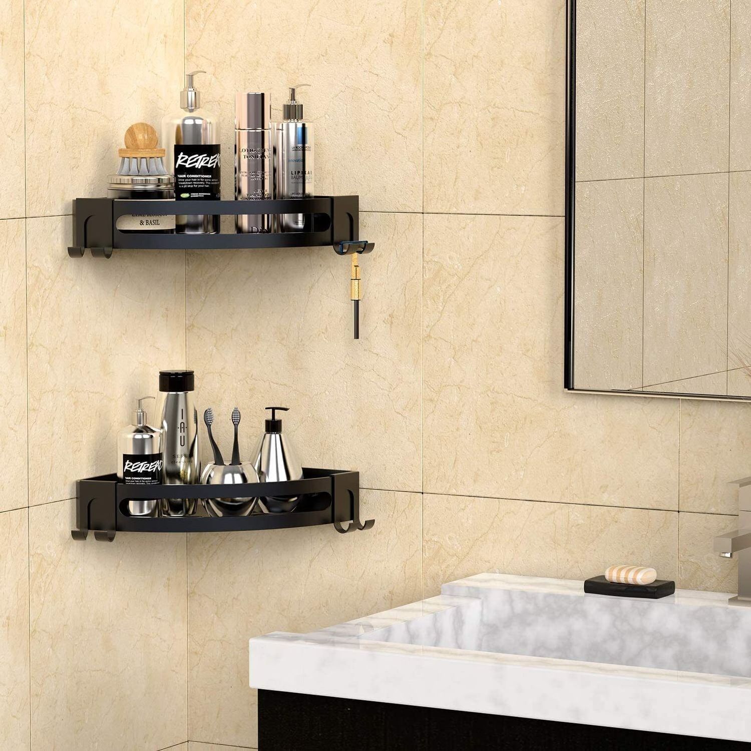 Shower Corner Shelf No Drilling Caddy Adhesive Shelf Metal Modern Stainless Storage Rack Silver Corner Shelf Polished Modern