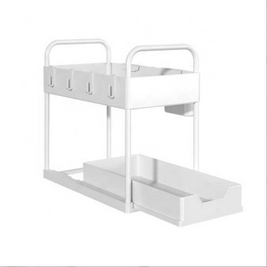 2-Tier Sliding Under Bathroom Cabinet Storage Drawer Organizer with Hooks, Hanging Cup, Handles, Multi-purpose Under Shelf