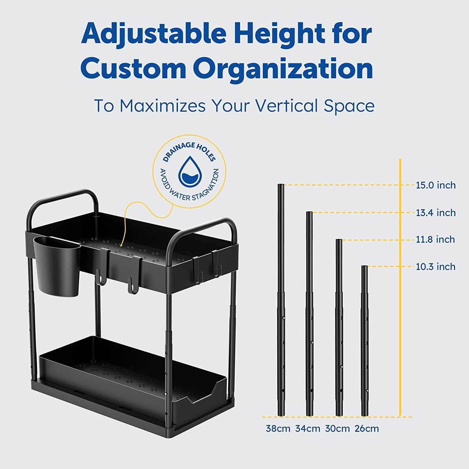 2-Tier Sliding Under Bathroom Cabinet Storage Drawer Organizer with Hooks, Hanging Cup, Handles, Multi-purpose Under Shelf