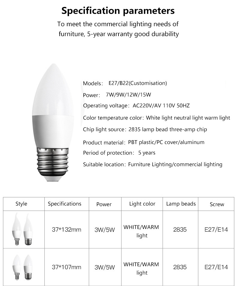 Factory wholesale Energy Saving Indoor Light Bulbs For Chandelier E27 E14 Candle Bulb Light Led Lamp