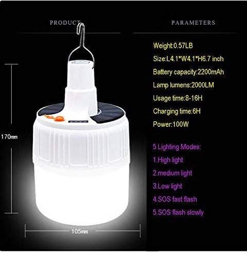 Solar Light Bulb Remote Camping Light LED Lantern Portable Rechargeable Battery Powered 5 Lighting Modes 100W Tent Hanging Bulb