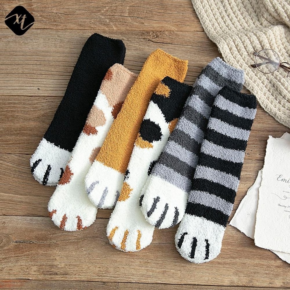 Hot sell cute cat claws coral velvet fluffy fuzzy socks women winter warm floor slipper socks