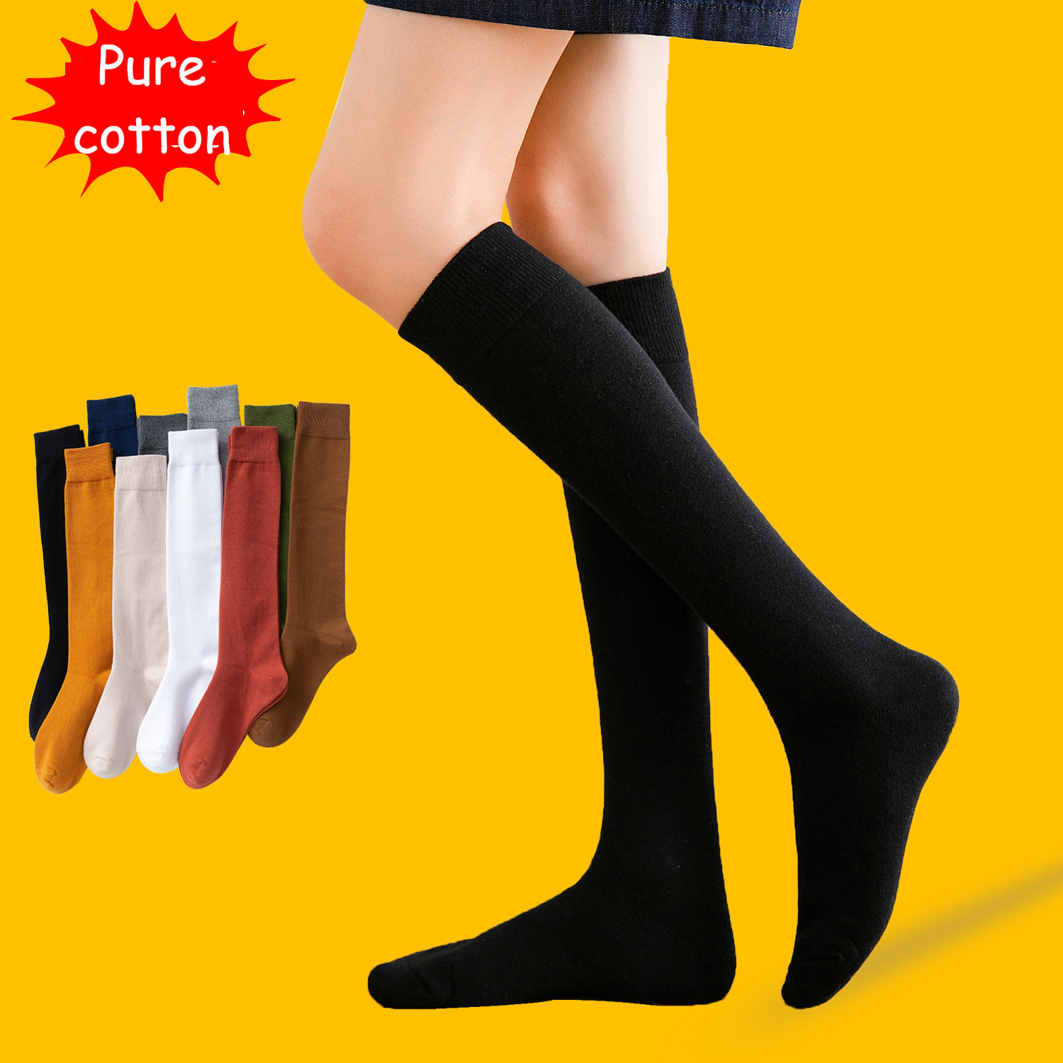 Women's autumn cotton thickened solid half length Stockings Black girls Knee high student socks