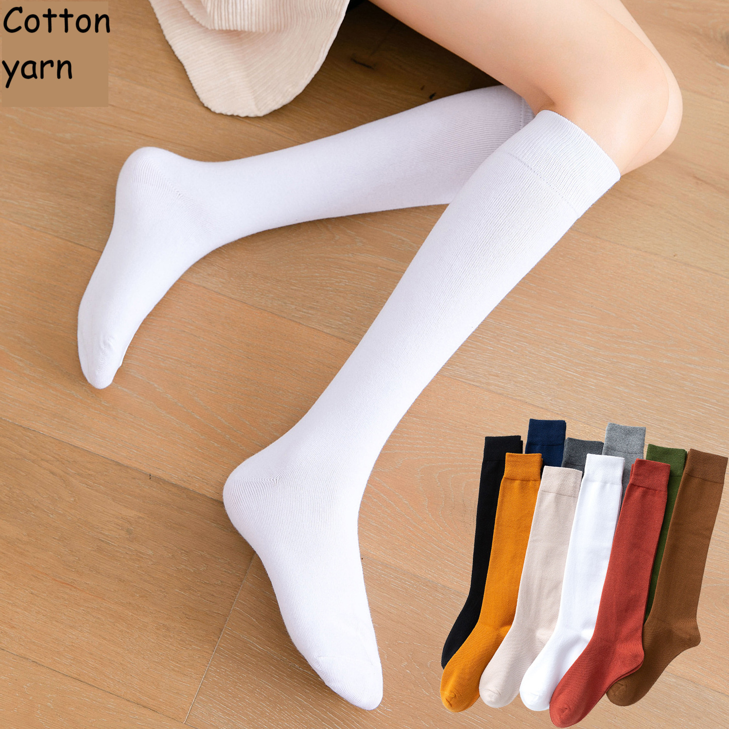 Women's autumn cotton thickened solid half length Stockings Black girls Knee high student socks