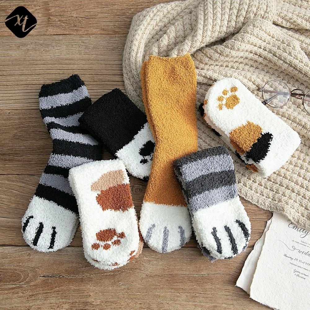 Hot sell cute cat claws coral velvet fluffy fuzzy socks women winter warm floor slipper socks