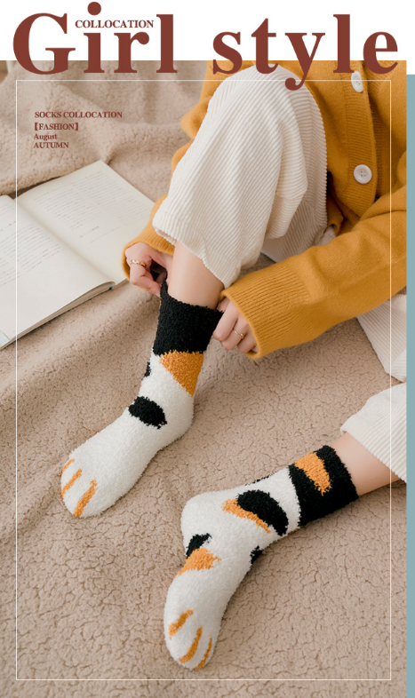 Hot sell cute cat claws coral velvet fluffy fuzzy socks women winter warm floor slipper socks