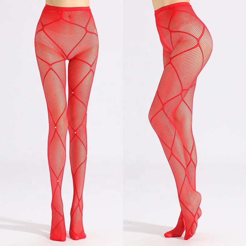 Diamond mesh jumpsuit red step foot female long tube stockings simple black mesh stockings hot drilling stockings