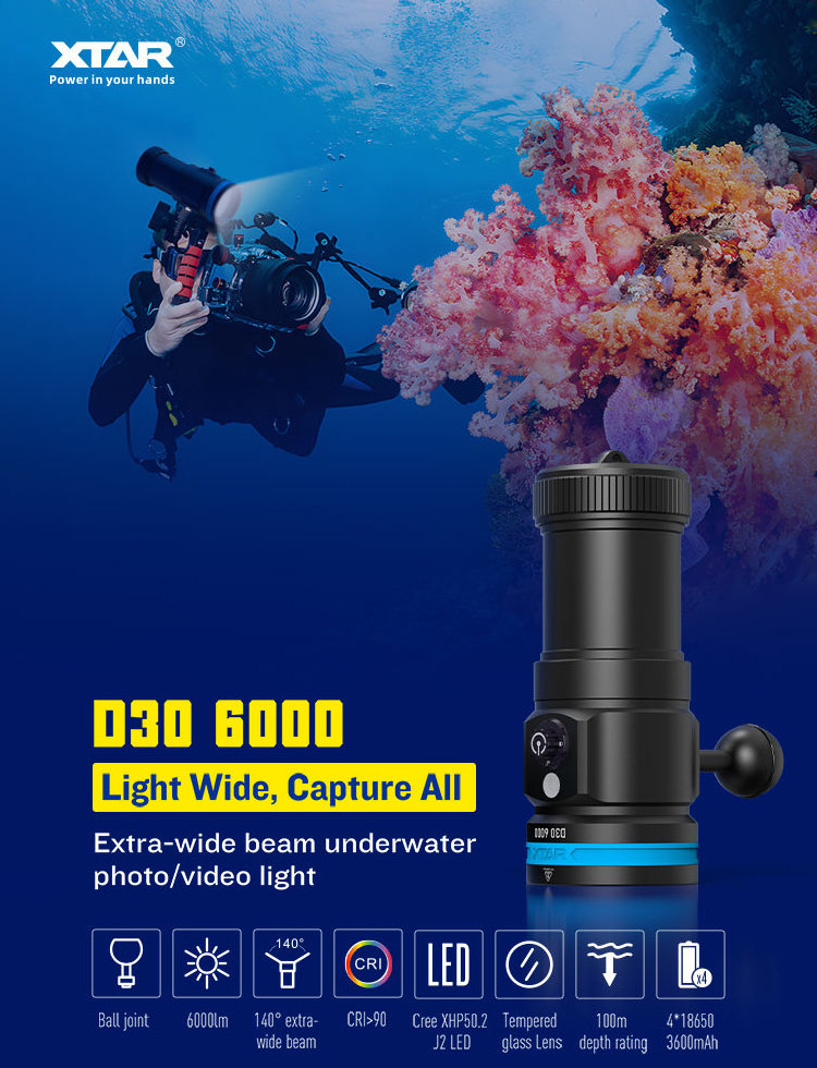 Most Powerful XTAR D30 6000lm 140 degrees wide beam underwater 100m photography lamp Professional Led Diving Video Flashlight