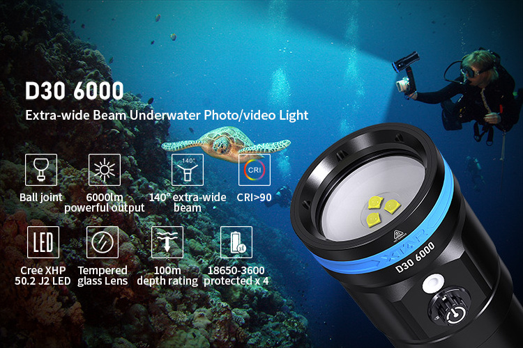 2023 NEW XTAR D30 6000 Lumens 140 degrees Flood Light Underwater Photography Camera Lamp Scuba Diving Video Flashlight Torch