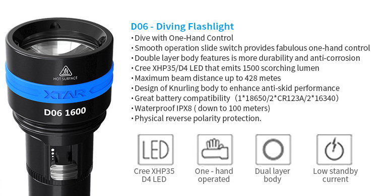 XTAR D06 scuba diving flashlight 1600 high lumens IPX8 100m underwater dive torch zaklamp