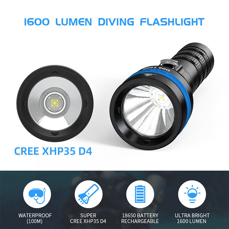 XTAR D06 scuba diving flashlight 1600 high lumens IPX8 100m underwater dive torch zaklamp