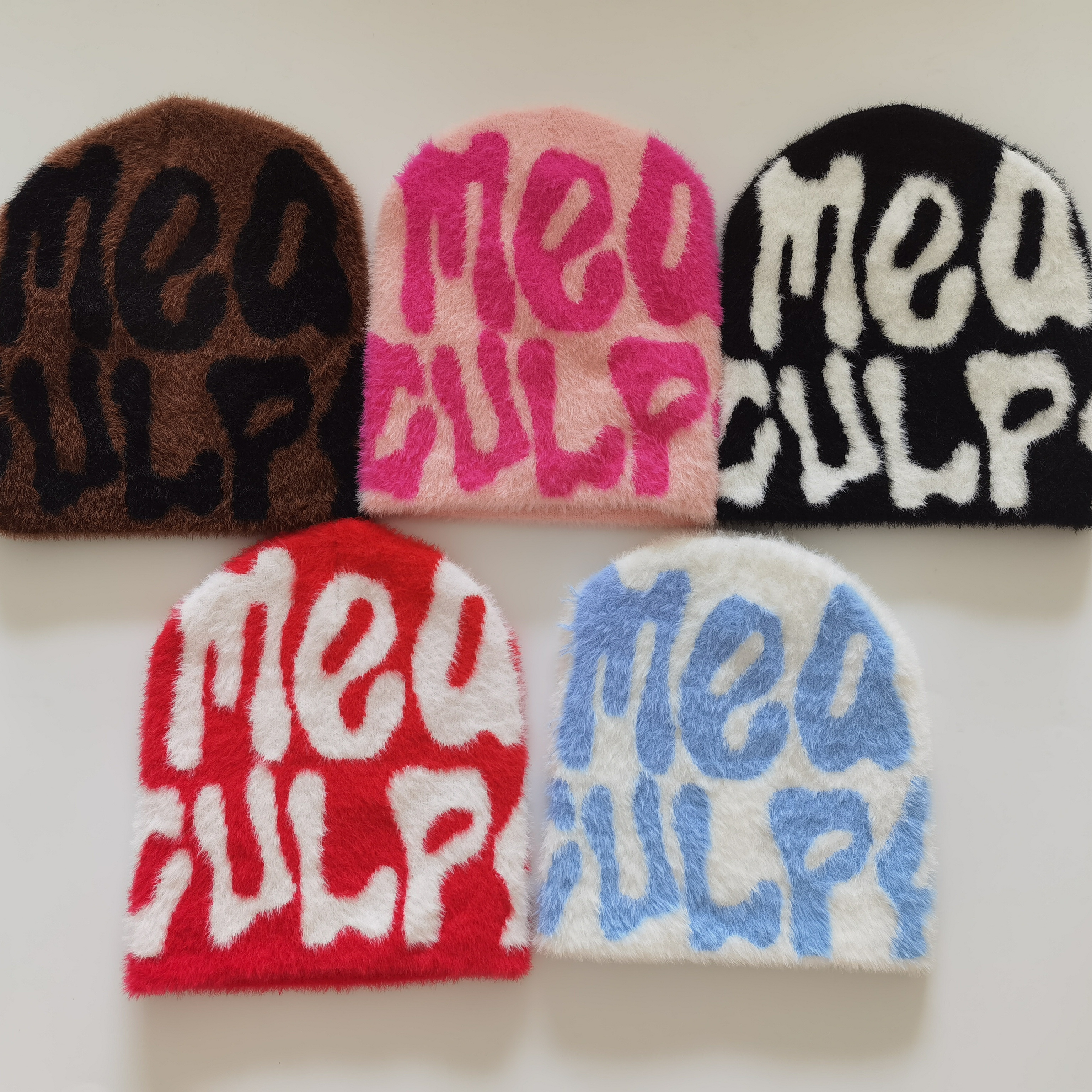 Custom Fuzzy Logo Y2K Beanies Acrylic High Quality Knit Winter Hats Premium Cashmere Wool Mea Culpa Jacquard Mohair Beanie