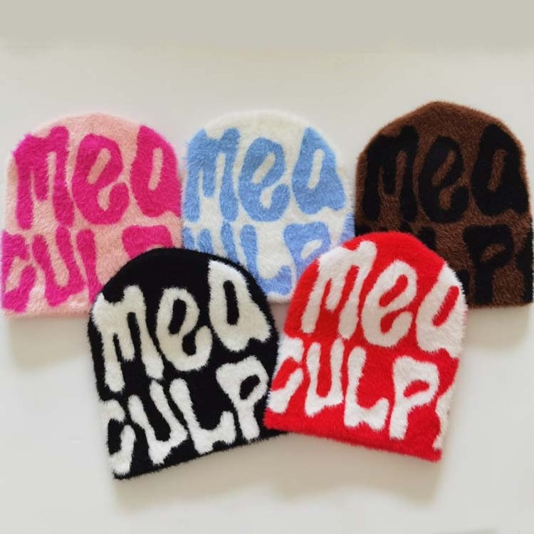 Custom Fuzzy Logo Y2K Beanies Acrylic High Quality Knit Winter Hats Premium Cashmere Wool Mea Culpa Jacquard Mohair Beanie