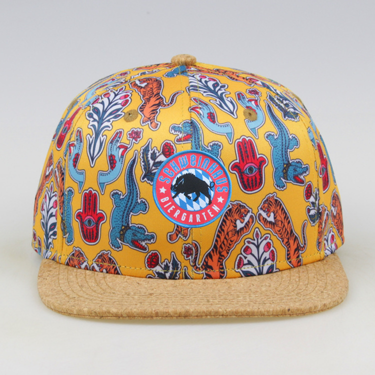 2023 Top Selling Wood Cork Flat Brim Custom Sublimation Printed Snapback Hat With Embroidery Patch