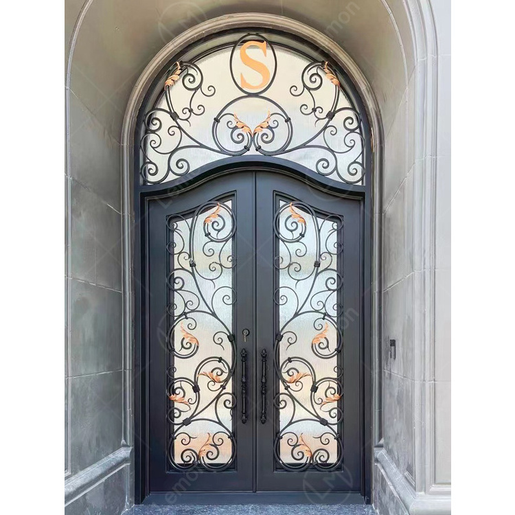 Factory Direct Wrought Iron Entrance Security Door Modern Double Steel Exterior Doors With Frosted Glass