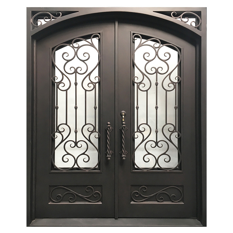 Factory Direct Wrought Iron Entrance Security Door Modern Double Steel Exterior Doors With Frosted Glass