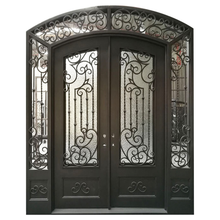 Factory Direct Wrought Iron Entrance Security Door Modern Double Steel Exterior Doors With Frosted Glass