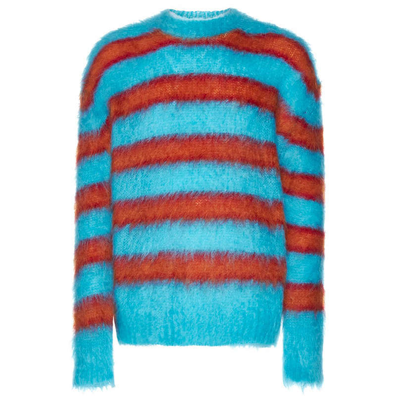 Custom OEM & ODM men mohair sweater Long Sleeve Knitted men fuzzy crew neck knitwear winter Striped mohair knit sweater for men