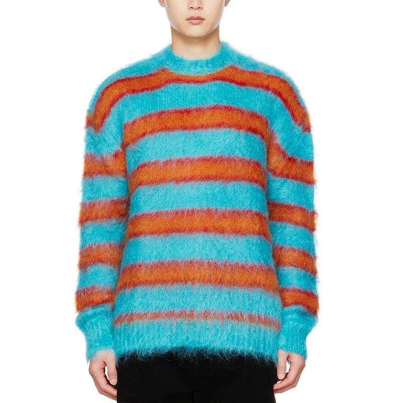 Custom OEM & ODM men mohair sweater Long Sleeve Knitted men fuzzy crew neck knitwear winter Striped mohair knit sweater for men