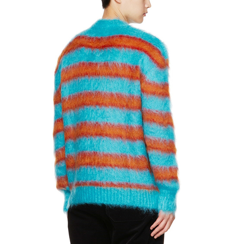 Custom OEM & ODM men mohair sweater Long Sleeve Knitted men fuzzy crew neck knitwear winter Striped mohair knit sweater for men