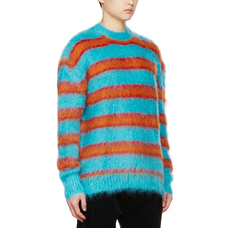 Custom OEM & ODM men mohair sweater Long Sleeve Knitted men fuzzy crew neck knitwear winter Striped mohair knit sweater for men