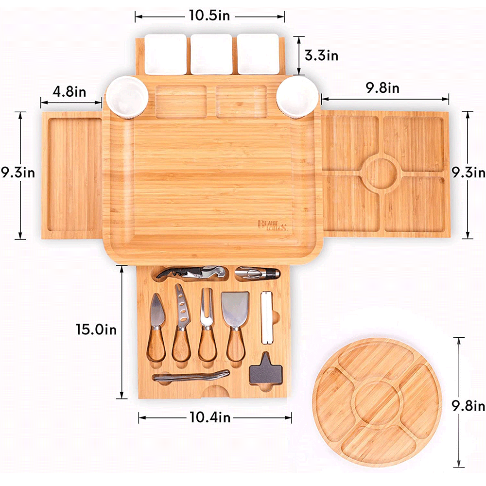 Charcuterie Platter with Utensils Set and 4 Stainless Steel Cutting KnivesBamboo Cheese Board