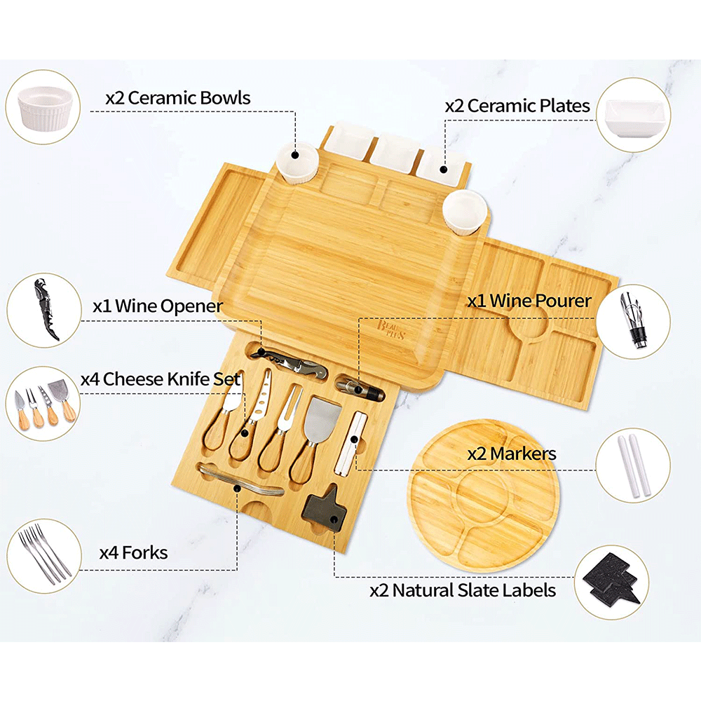 Charcuterie Platter with Utensils Set and 4 Stainless Steel Cutting KnivesBamboo Cheese Board