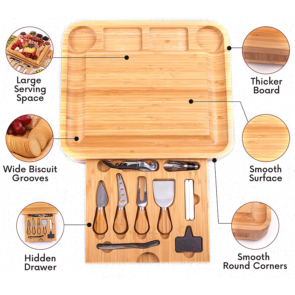 Charcuterie Platter with Utensils Set and 4 Stainless Steel Cutting KnivesBamboo Cheese Board