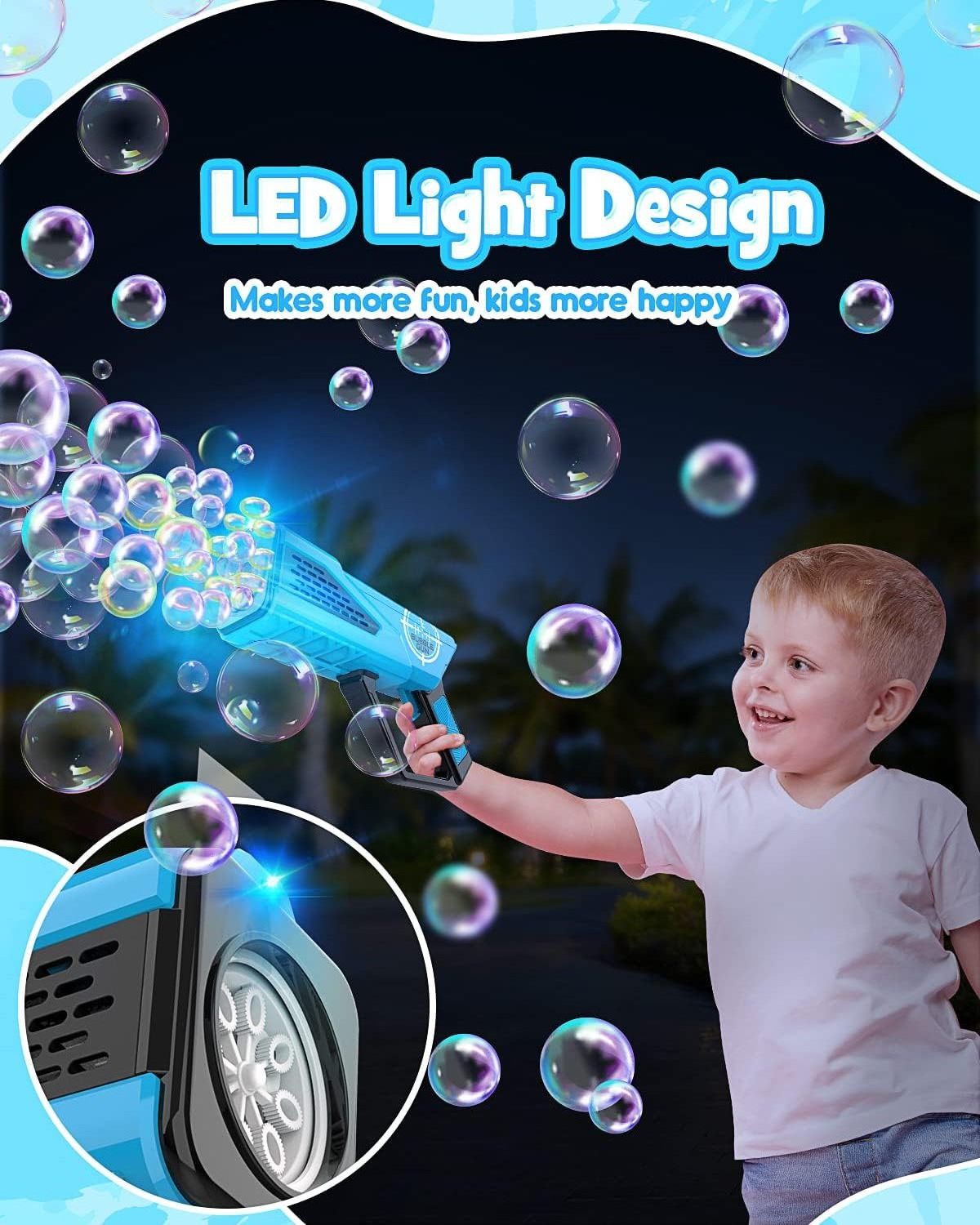 Kid Outdoor Toy 8-Hole Wands & LED Light Bubble Blower Space Bubble Maker/Blaster Kids Bubble Gun for boys girls