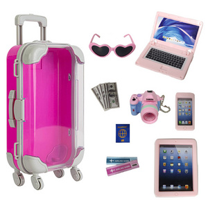 New arrival doll luggage travel play set accessories for fashion dolls 9 pieces doll accessories mini suitcase