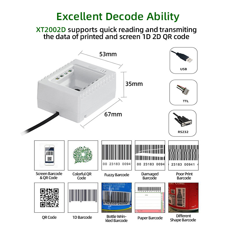 XT2002D XTIOT Smart KIOSK Factory QR Code Reader RS232 OEM Wall Mounted Barcode Scanner USB Barcode Scanner