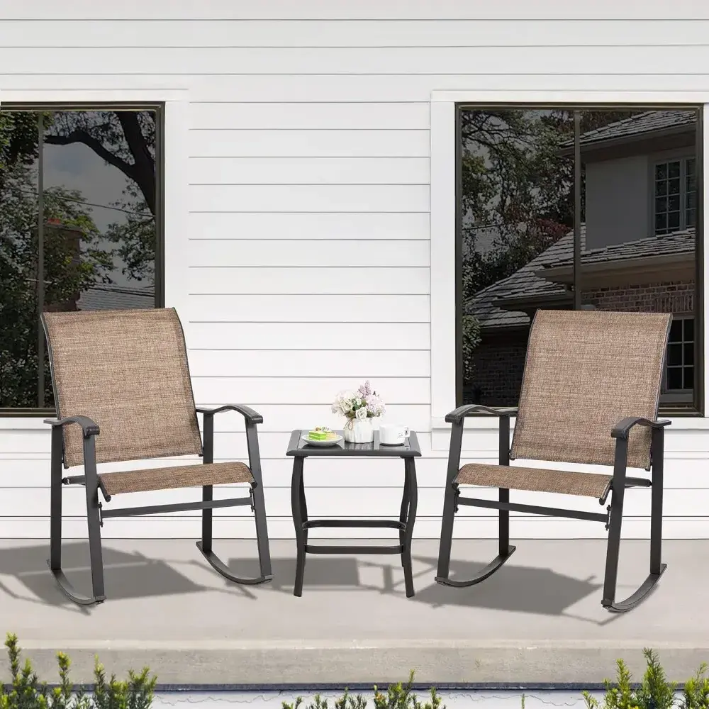 3 Piece Rocking Bistro Set, Outdoor Furniture with Rocker Chairs and Glass Coffee Table of 3, Balcony, Porch for