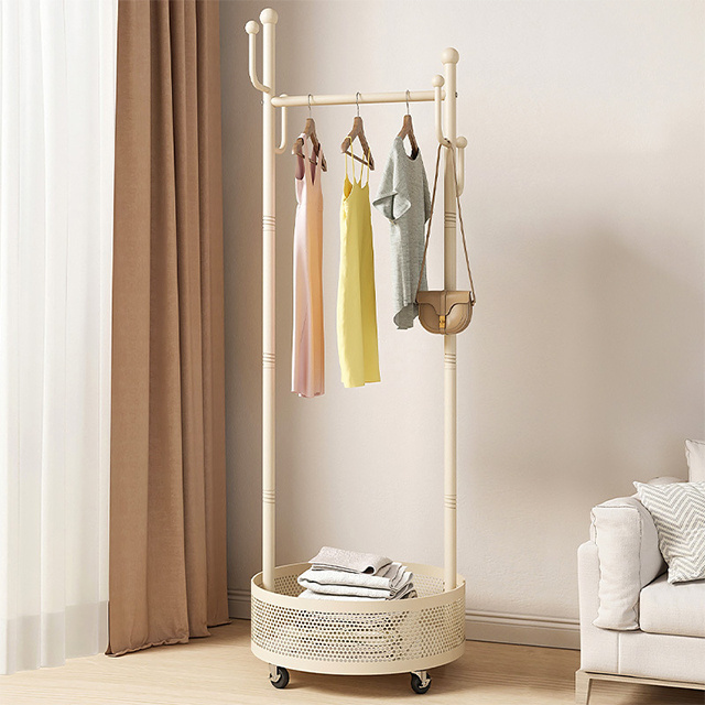 Floor standing clothes hanger movable small clothes hanger in bedroom no space occupied cream wind dirty clothes basket,