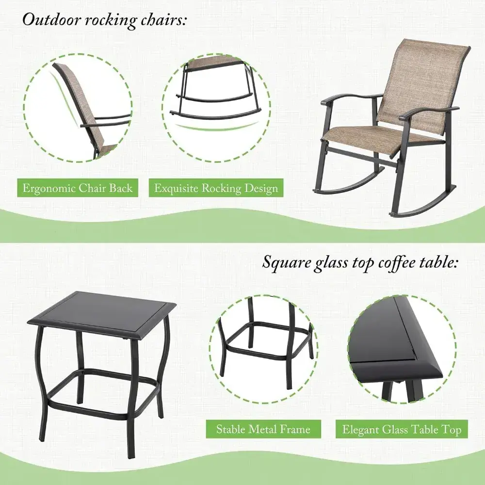 3 Piece Rocking Bistro Set, Outdoor Furniture with Rocker Chairs and Glass Coffee Table of 3, Balcony, Porch for