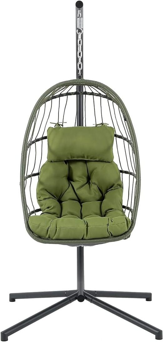 Foldable Hanging Egg Chair Swing Chair Outdoor Patio Wicker Chair Swing Hammock w/ Cushion 350lbs for Bedroom, Garden & Balcony