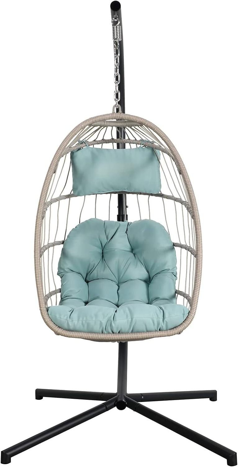 Foldable Hanging Egg Chair Swing Chair Outdoor Patio Wicker Chair Swing Hammock w/ Cushion 350lbs for Bedroom, Garden & Balcony