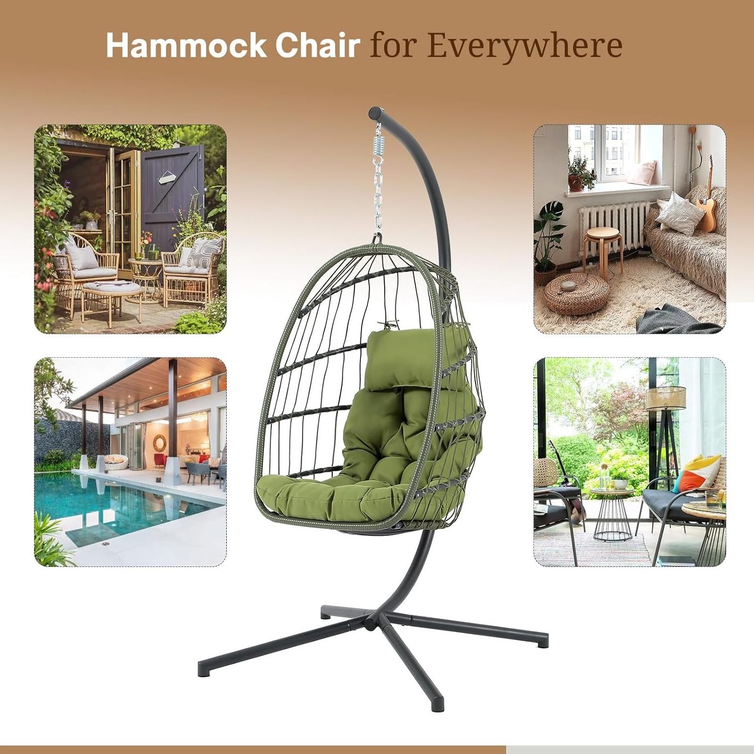 Folding Hanging Egg Chair portable Swing Chair Outdoor Patio Wicker Chair foldable Swing Hammock w/ Cushion