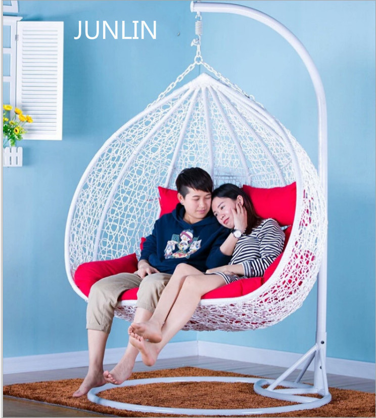 outdoor rattan wicker double seat hanging egg swing chair with metal stand