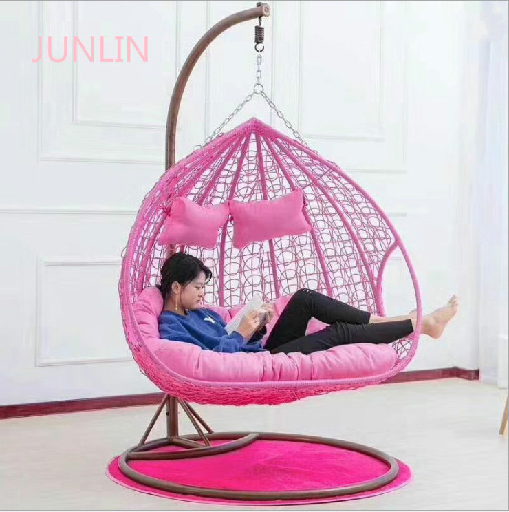 outdoor rattan wicker double seat hanging egg swing chair with metal stand