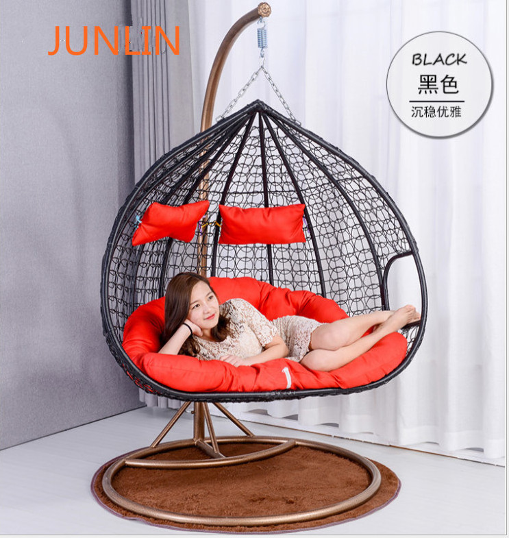 outdoor rattan wicker double seat hanging egg swing chair with metal stand