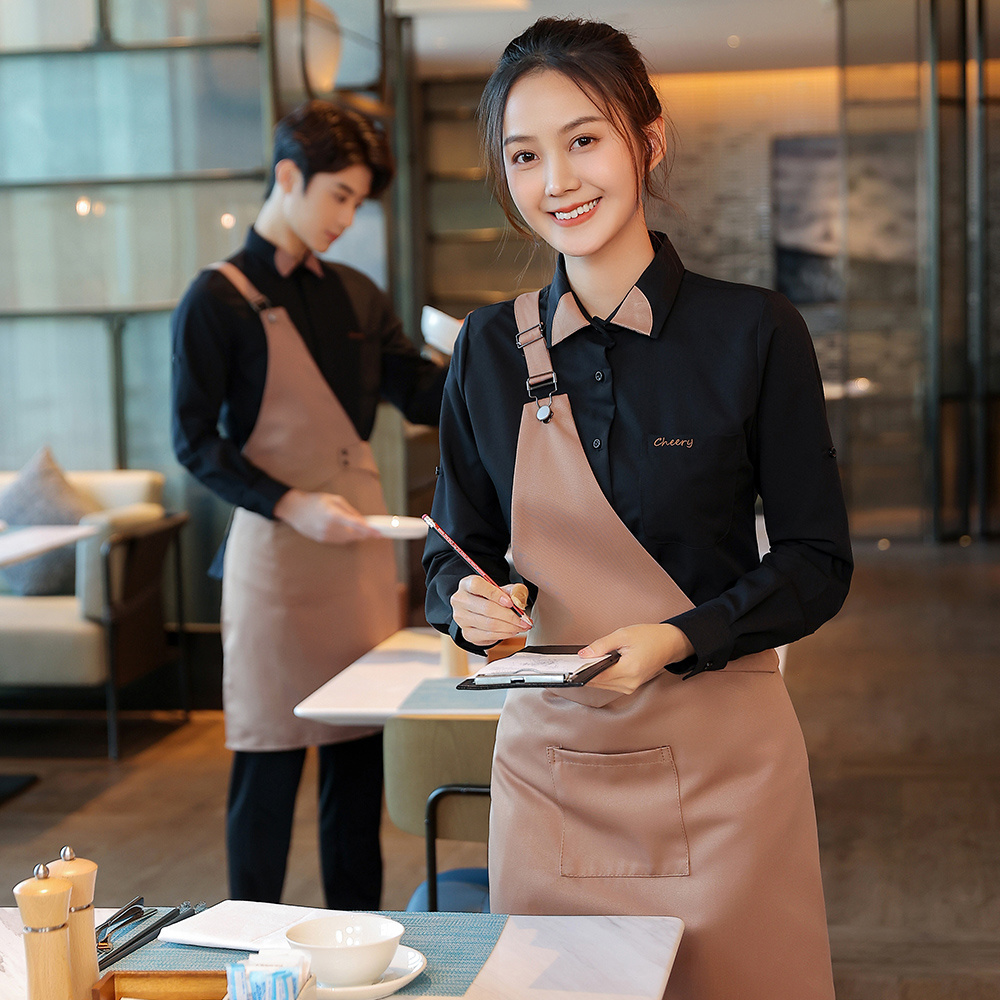 Unisex  Cafe Bar wait staff uniforms Custom Logo Printing Waiter Workwear Uniform Restaurant waiter and waitress uniform