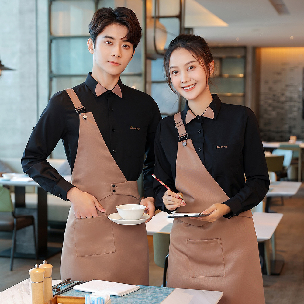 Unisex  Cafe Bar wait staff uniforms Custom Logo Printing Waiter Workwear Uniform Restaurant waiter and waitress uniform