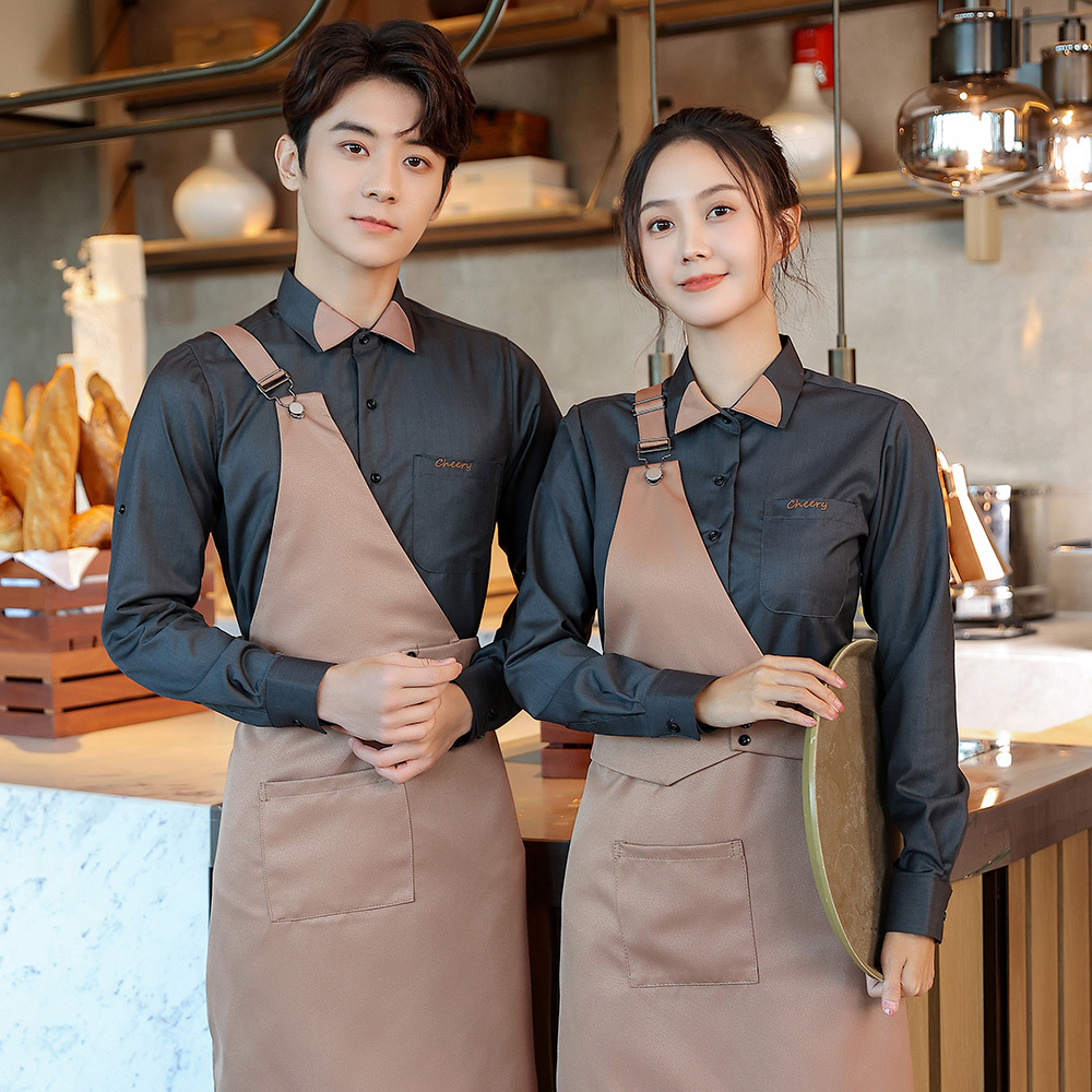 Unisex  Cafe Bar wait staff uniforms Custom Logo Printing Waiter Workwear Uniform Restaurant waiter and waitress uniform