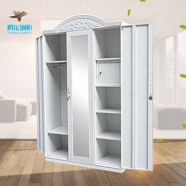 New design metal closet 3 swing door embossed wardrobe armario para ropa con espejo ropero